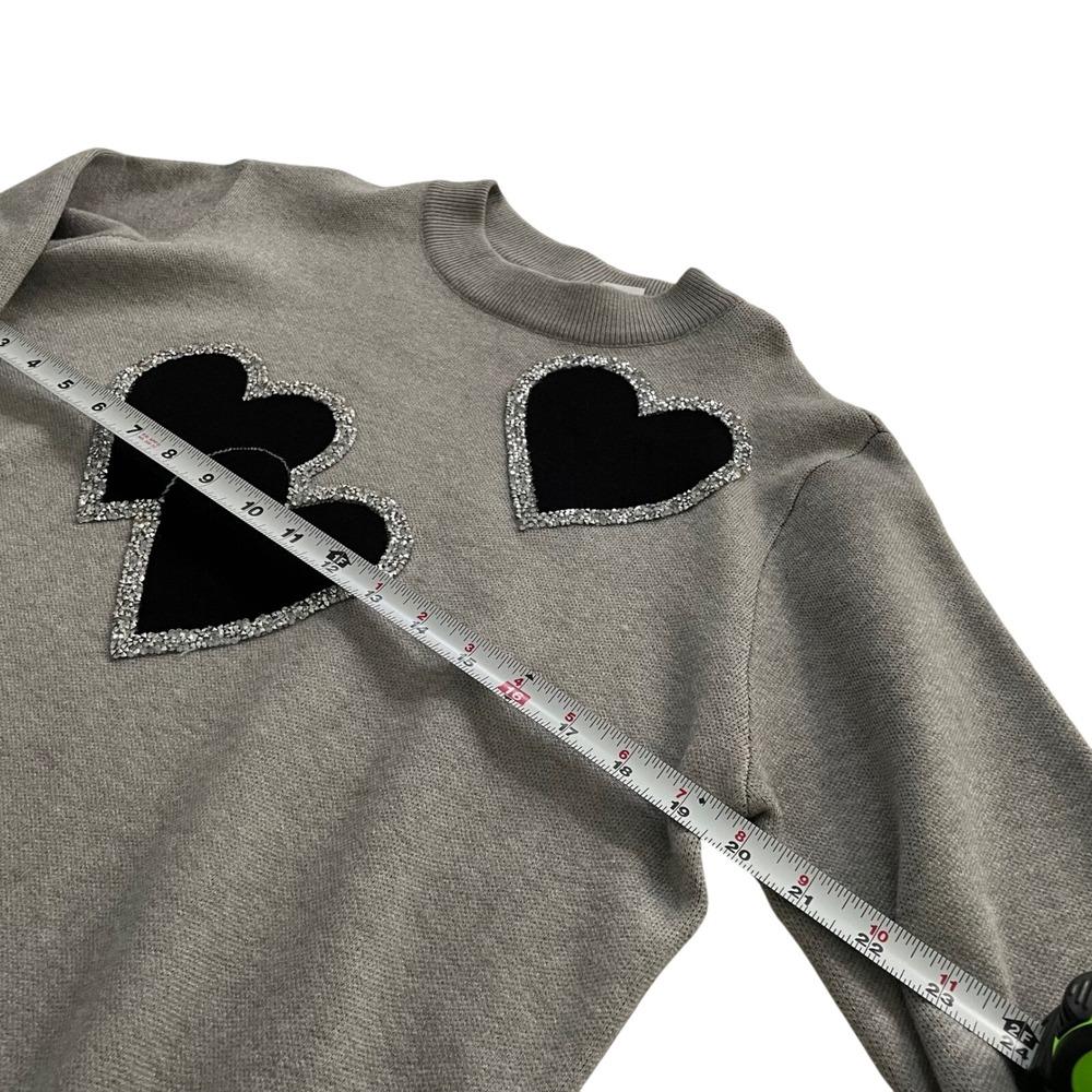 Gray Womens Crewneck Black Sequin Heart Pullover Knit Top NTW - Picture 6 of 9